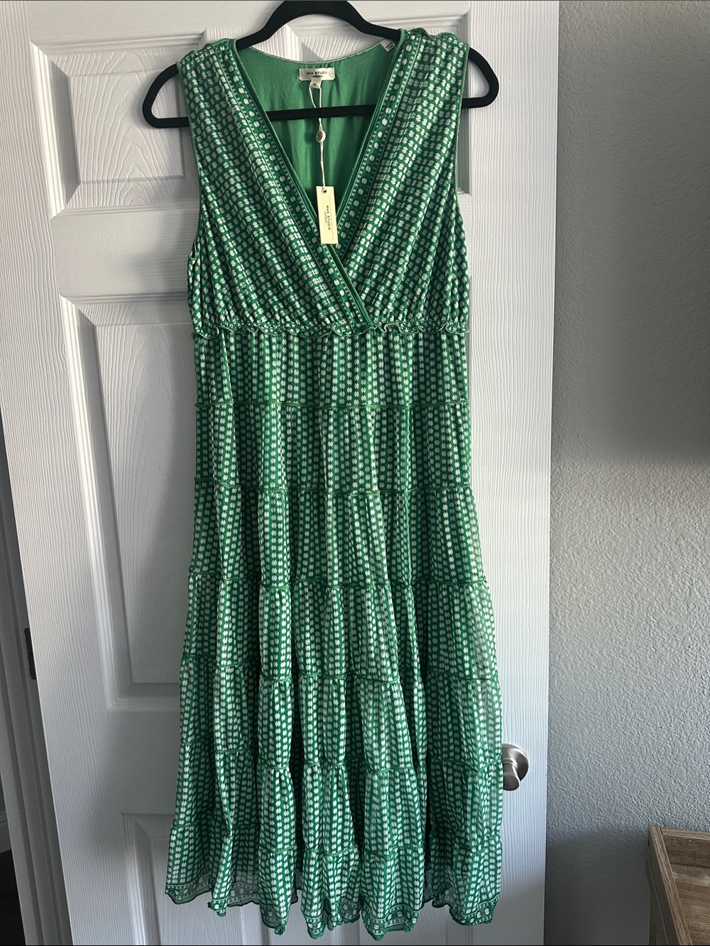 Max Studio Green Polka Dot Tiered V-Neck Maxi Dress